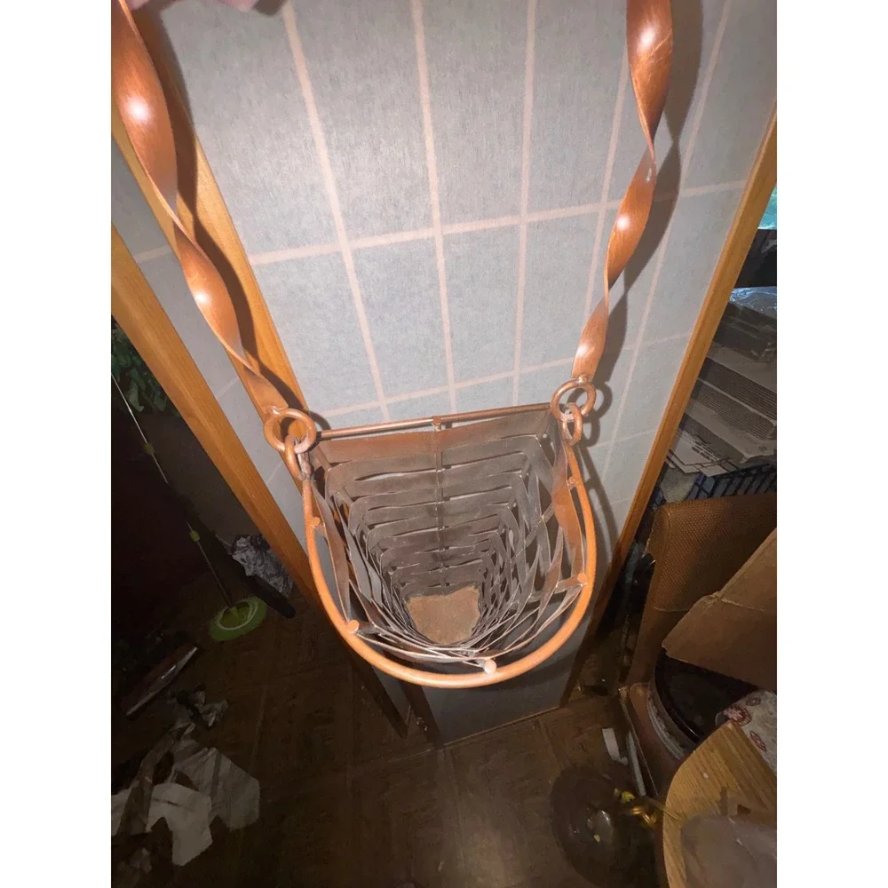Vintage Copper Woven Metal Hanging Wall Basket Planter Twisted Handle 15.5in
